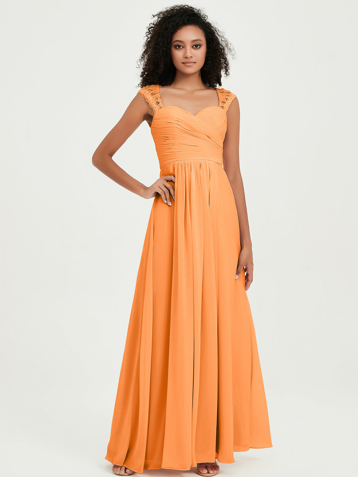 Chiffon Bridesmaid Dresses with Lace Cap Sleeves Orange